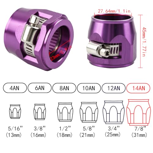 Aluminum Hose End Finisher Clamp, Universal Fit, Red Chrome Finish, 4pcs Set for Stainless Steel and Rubber Hoses, Model (Purple, 14AN) - color: Purple, size: 14AN