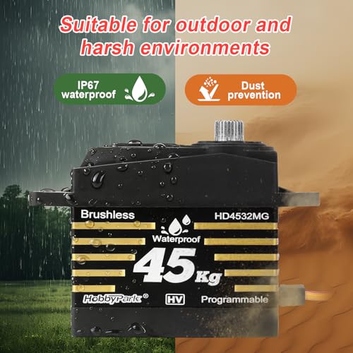 HobbyPark Waterproof 45KG High Torque Servo Motor 8.4V HV RC Servo Brushless Metal Gear Digital Servo with 25T Servo Horn for 1/8 1/10 1/12 RC Crawler RC Truck RC Car Robot DIY Control Angle 180°