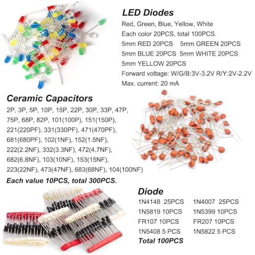 1400pcs Basic Electronic Component kit for Beginners: Including capacitors (electrolytic, Ceramic), LEDs, diodes, resistors, transistors - the Perfect DIY Electronic Project