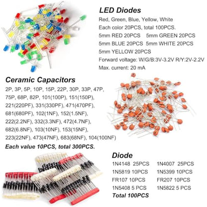 1400pcs Basic Electronic Component kit for Beginners: Including capacitors (electrolytic, Ceramic), LEDs, diodes, resistors, transistors - the Perfect DIY Electronic Project