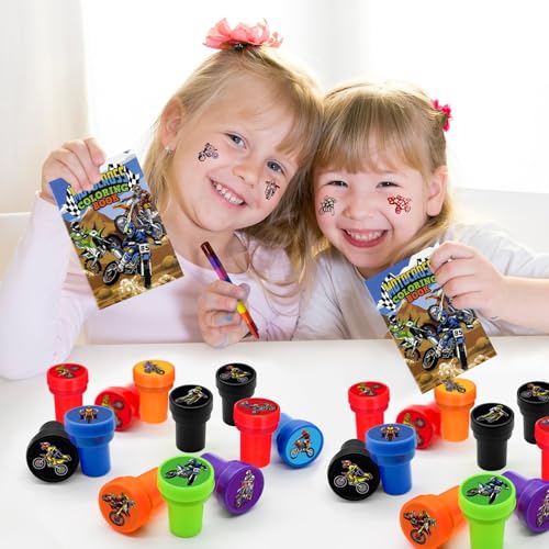 Cinrobiye 24 Pcs Dirt Bike Stampers Party Favor Set, Cute Motocross Stamps for Kids Birthday Party, Classroom Rewards, Sports Prizes, Goody Bag Fillers, Racing Adventure Party Supplies - color: Dirt Bike