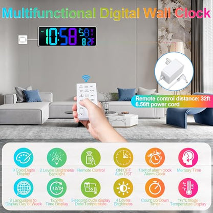 17.2" Large Digital Wall Clock 10 RGB Colors 9 Group Timer Remote Control - color: White Shell&rgb