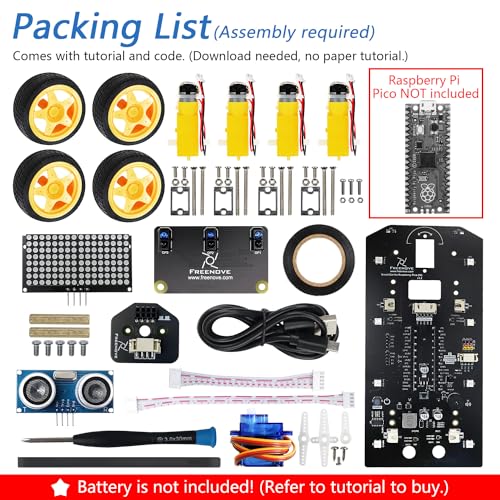 Freenove 4WD Car Kit for Raspberry Pi Pico (Not Included) (Compatible with Arduino IDE), Dot Matrix Expressions, Obstacle Avoidance, Line Tracking, Light Tracing, Colorful Light, App - color: Ordinary Wheels without Raspberry Pi Pico