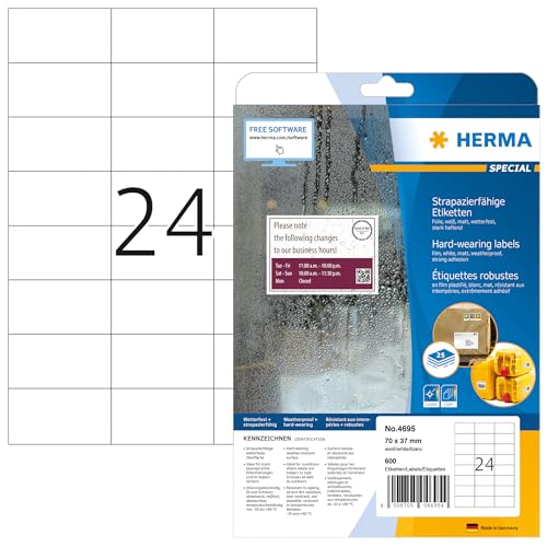 Herma Self Adhesive Heavy Duty Weatherproof Foil Labels, 24 Labels Per A4 Sheet, 600 Labels for Laser Printers, 70 x 37 mm (4695) - size: 70 x 37 mm, style: 25 Sheets