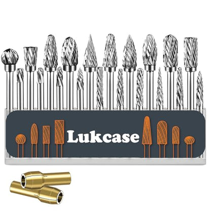 20 Pcs Double Cut Carbide Rotary Burr Set 1/8" Shank Compatible with Dremel for Metal Glass Woodworking, Drilling, Carving, Engraving, Polishing Cutting with 2 Collets