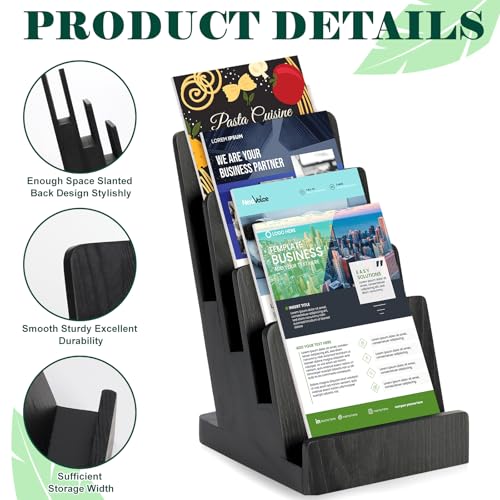 4 Tier Wood Brochure Display Stand 6 x 9 inch Black Brochure Holder Pamphlet Display Stand for 5.5 x 8.5 inch 5 x 7 inch Booklets Menus Postcard Holder Multi Purpose Organizer - color: Black Color Pine