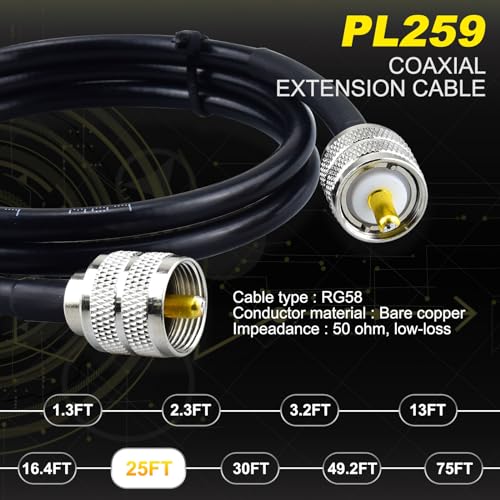 RG58 Coaxial Cable 25FT, PL259 Coax Cable for CB Ham 50 Ohm - color: 1-Pack PL259 Cable, size: 25ft