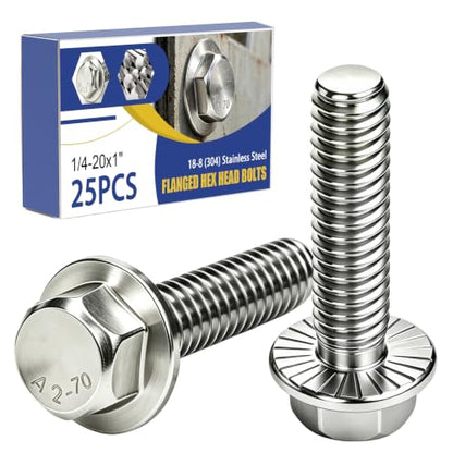 mankk 25PCS 1/4-20 x 1 Flanged Hex Head Bolts, 18-8 (304) Stainless Steel, Serrated Flange, Fully Threaded, for Auto, Motorcycle, Marine & DIY - size: SS 1/4-20 x 1"