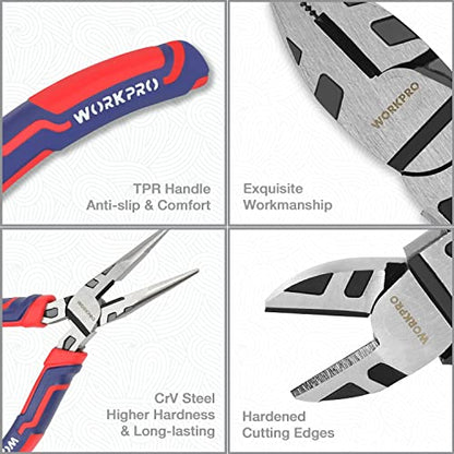 WORKPRO Pliers Set, Premium Cr-V Construction, Includes 6 Inch Slip Joint, Long Nose, Diagonal Cutting, 8 Inch Groove Joint, 7 Inch Linesman and Storage Pouch, for Basic Repair (Pack of 2) - size: 5-piece (Pack of 2)