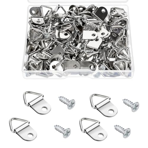 100 Pack Steel Picture Hangers with 100pcs 8mm Screws, Small Triangle Ring, Light Duty D Rings for Clock, Decoration, Mirror, Paintings, Artwork Picture Frame (Silver) - color: Silver