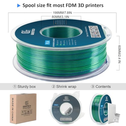 Geeetech 3D Printer Silk PLA Dual Color Filament, Metal-Like Shiny Silk Filament 1.75mm 1kg (2.2lbs) Spool, Dimensional Accuracy +/- 0.02 mm, Silk Blue Green - color: 1kg Dual Color Blue-green