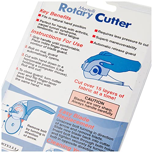 Martelli - Right Handed 45mm Ergonomic Fabric Rotary Cutter - sewing quilting fashion design - blade cover for safe pain free fabric cutting - great if you have arthritis or carpal tunnel