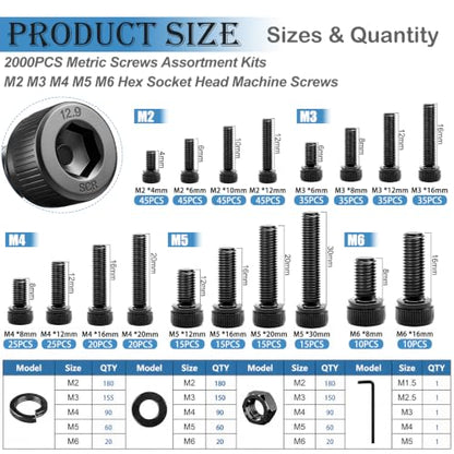 mxuteuk 2000PCS Metric Screw Assortment Kit,M6 M5 M4 M3 M2 Machine Screws,12.9 Carbon Steel Black Zinc Plated Hex Socket Head Cap Bolts Nuts and Washers Kit for 3D Printing DIY - size: 2000PCS M2-M6