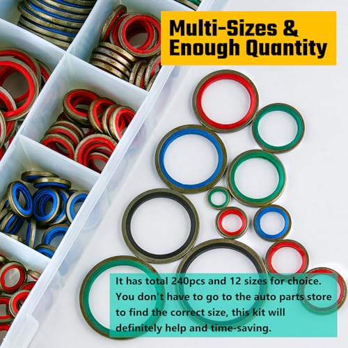 KOOTANS 240PCS 12 Sizes NBR Metal Bonded Sealing Washer Assort Kit