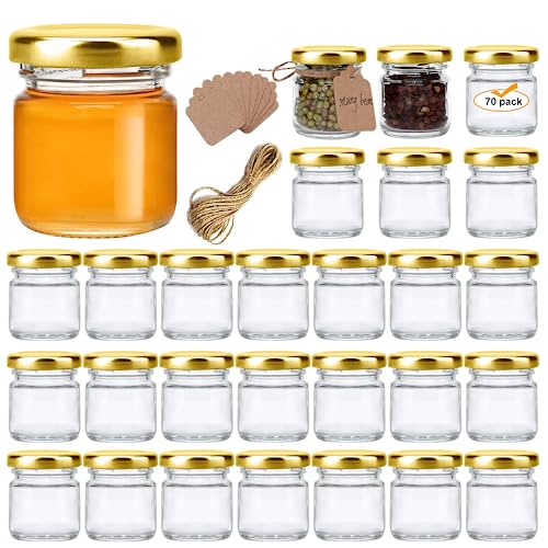 1.5oz Mini Glass Jars Bulk Set of 70,Round Small 45ml Honey Jars with Golden Lids,Clear Mini Storage Canning Jar for Candle Making,Spice,Jelly,Jam,Wedding,Party Favor