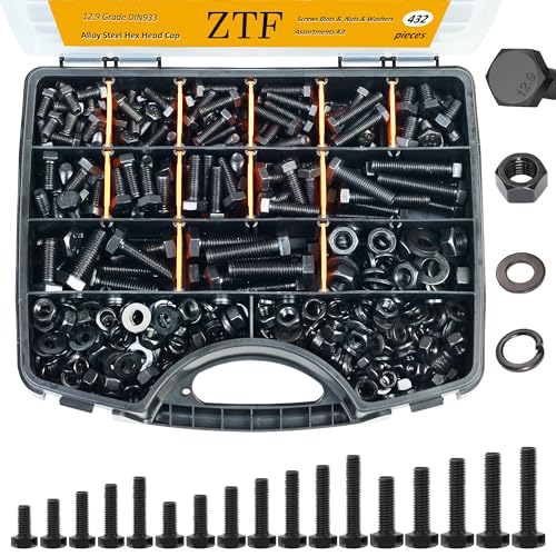 ZTF 432PCS Nuts and Bolts Assortment Kit, Grade 12.9 Nuts and Bolts M6x1.0 M8x1.25 M10x1.25 (12mm to 45mm), Heavt Duty Black Hex Bolts and Nuts Washers, Metric Bolt Assortment - color: Black