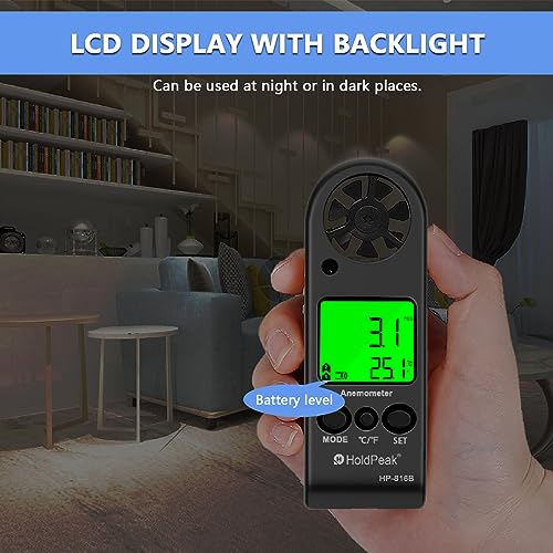 HOLDPEAK Pocket Anemometer Handheld Digital Wind Speed Meter Gauge Air Flow Velocity Temperature Measuring Device for Outdoor Sailing Surfing Drone Flying Golf Shooting HVAC 816B - color: HP-816B-1PC