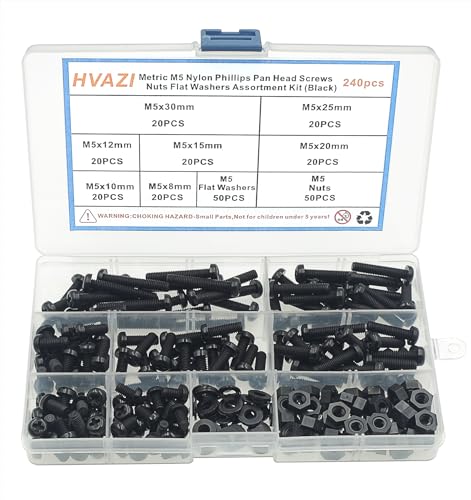 Metric M5 Nylon Phillips Pan Head Screws Nuts Flat Washers Assortment Kit (Black-M5) - color: Black-M5