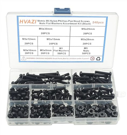 Metric M5 Nylon Phillips Pan Head Screws Nuts Flat Washers Assortment Kit (Black-M5) - color: Black-M5