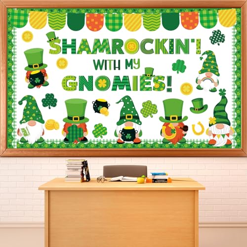 St. Patrick's Day Gnome Bulletin Board Set Shamrockin' with My Gnomies Classroom Decor Lucky Gnome Shamrocks Gold Coin Paper Cutouts Shamrock Bulletin Board Border for Green Irish Holiday School Decor - style: Shamrocks