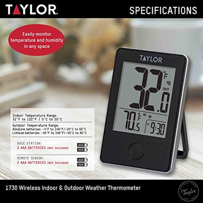 Taylor in/Out Wireless Thermometer with Remote Sensor and Clock - color: Black