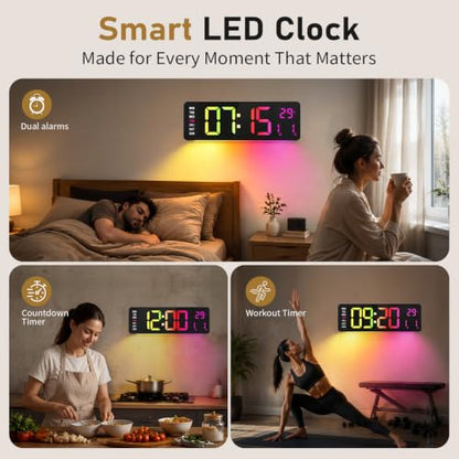 16" Large Digital Wall Clock with RGB LED Display & Remote for Classroom - color: Multicolor