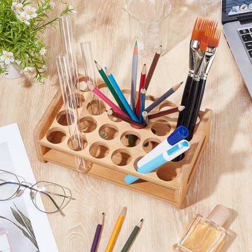 UNICRAFTALE Wooden Test Tube Rack 24-Holes Bamboo Multi-Use Cylinder Tube Display Racks Rectangle Razors Pencils Art Brushes Holder for Laboratory Home Crafting Potted Plant 9.06"x5.63"x3.15" - size: 23x14.3x8cm