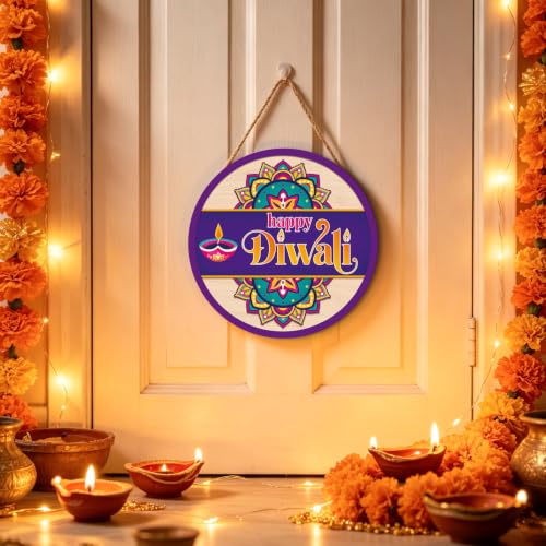 HLNIUC Happy Diwali Mandala Round Sign Diya Oil Lamp Wooden Door Hanger - color: Diwali 3