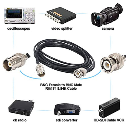 50ohms BNC Male to Female Cable 9.84ft BNC Male to BNC Female Cable RG174 BNC Coax Extension Cable Male to Female Jumper Cable for GPS Devices, Wireless Networking, RF Testing, RC Devices