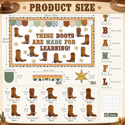 Western Cowboy Bulletin Board Decoration Set Wild Western Cowboy Boot Paper Cutouts These Boots are Made for Learning Brown Bulletin Board Border Set for Back to School Chalkboard Wall Decor Supply - style: Western Cowboy