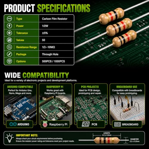 Carbon Film Resistor Kit, 50 Values 1/2W 5% Tolerance Resistors Assortment,0-10M Ohm Through Hole Resistors with Storage Box for Arduino,DIY Electronics Circuit Repair (1/2WJ-50V-1000PCS, Carbon) - style: 1/2WJ-50V-1000PCS