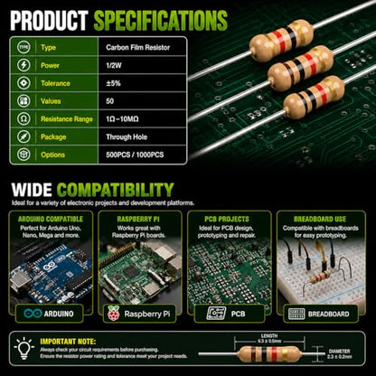 Carbon Film Resistor Kit, 50 Values 1/2W 5% Tolerance Resistors Assortment,0-10M Ohm Through Hole Resistors with Storage Box for Arduino,DIY Electronics Circuit Repair (1/2WJ-50V-1000PCS, Carbon) - style: 1/2WJ-50V-1000PCS