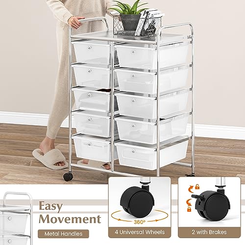 COSTWAY 10 Drawer Rolling Storage Cart, Utility Cart with Lockable Wheels - color: Transparent, size: 10 Drawer