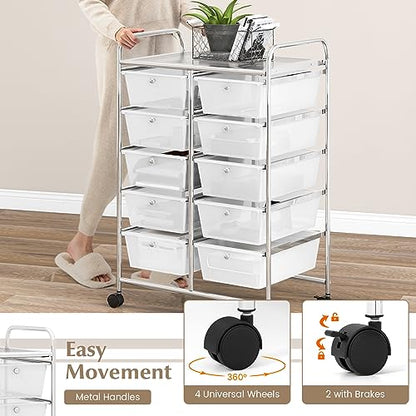 COSTWAY 10 Drawer Rolling Storage Cart, Utility Cart with Lockable Wheels - color: Transparent, size: 10 Drawer