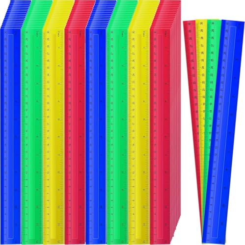 12 Inch 100 Pcs Rulers Bulk Plastic Kid Ruler for Back to School Supplies, Flexible Assorted Color Ruler with Centimeters and Inches for Students Operation Christmas Charity Donation Supplies (100)