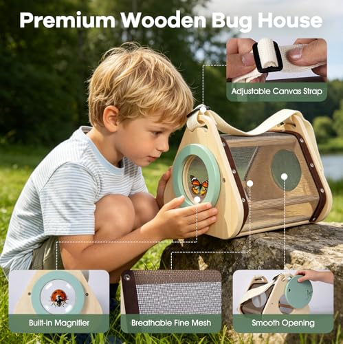 FIIOEOY Wooden Bug Catcher Kit for Kids - 8-in-1 Outdoor Explorer Set with Magnifying Glass, Butterfly Net STEM Learning Toys for Ages 3-8 Nature Gift for Boys & Girls