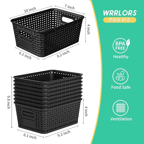 8 Pack Plastic Storage Baskets,Black Stackable Bins with Lid - color: Black