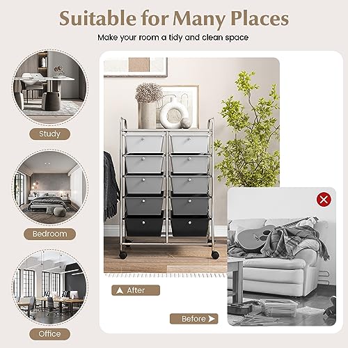 COSTWAY 10 Drawer Rolling Storage Cart, Utility Cart with Lockable Wheels - color: Mixed Black, size: 10 Drawer