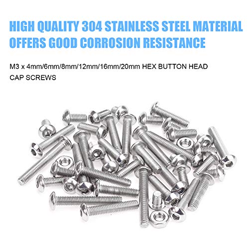 DYWISHKEY 360 Pieces M3 x 4mm/6mm/8mm/12mm/16mm/20mm Stainless Steel 304 Hex Button Head Cap Bolts Screws and Nuts Kit