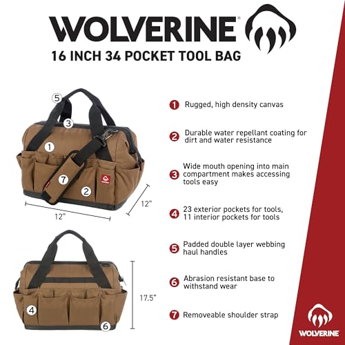 WOLVERINE Tool Bag |Tote | Utility Roll | Durable Nailhead Nylon, Adjustable Straps, and Versatile Pockets - color: Black, style: 16 Inch 34 Pocket Bag