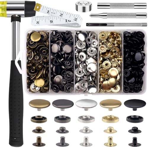 507PCS Snap Fasteners Kit, 15mm Leather Snap Fasteners Kit, Sewing Snaps, 304 Stainless Steel Button Snap Press Studs with 6 Setter Tools, 5 Color Leather Snaps for Clothes, Jackets, Bracelets, Bags
