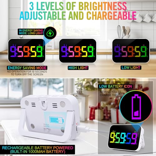 TXL Kitchen Timer for Cooking, Rechargeable Digital Magnetic Timer with Large LED Display, Loud Alarm, Sound Countdown, 4 Volume Levels and 3 Brightness for Classroom, Study (RGB) - color: Rgb