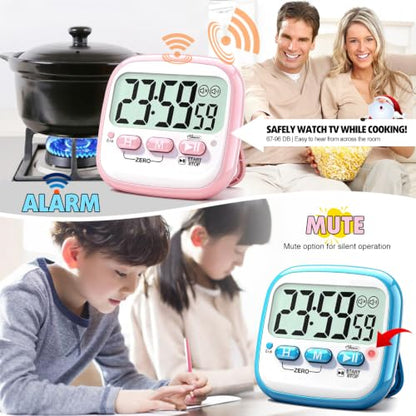 Antonki 2 Pack Classroom Timers for Kids Teachers, Magnetic Countdown Digital Kitchen Timer for Cooking, Study, Exercise, Games, Time Mangement - Loud/Silent Mode - Battery Included - color: Sky Blue & Pink