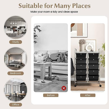 COSTWAY 10 Drawer Rolling Storage Cart, Utility Cart with Lockable Wheels - color: Black, size: 10 Drawer