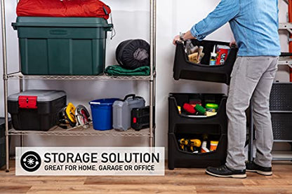 Mighty Tuff Jumbo Stackable Storage Bins, Pack of 3, Easy-Access Storage, Large Easy-to-Grip Handles, Wide Front Opening, Interlocking, Stack Vertically, Black - size: Jumbo