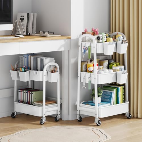 2 Tier Rolling Cart Metal with Wheels,White Under Desk Storage Roller Carts - color: Simple White, size: 2 tier