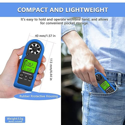 HoldPeak Handheld Anemometer Mini, 65MPH Small Wind Speed Meter Gauge Air Flow Velocity Temperature Measuring Device for Outdoor Sailing Surfing Drone Flying Golf Shooting HVAC 816BH - color: HP-816B-with Blue Sheath-1PC