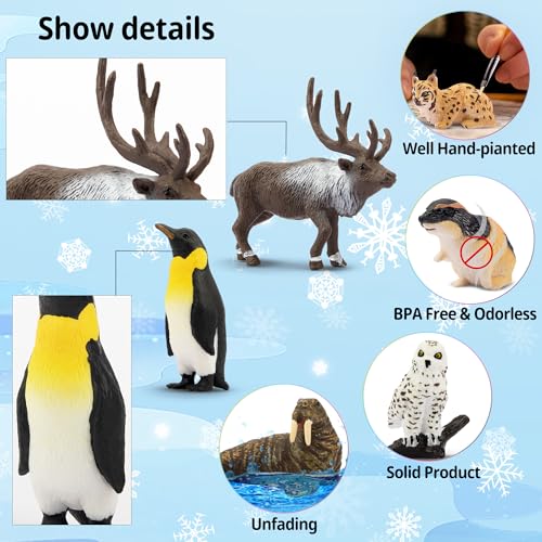 Toymany 14PCS Mini Arctic Animals Figurines Set, Polar Animals Toys with Polar Bear, Caribou, Penguin, Walrus, Wolf Figurines Cake Toppers Birthday Easter Gifts for Preschool Kids - color: Arctic
