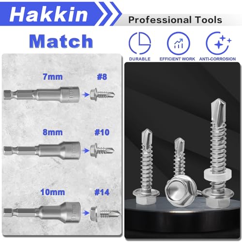 470Pcs Self Tapping Screws for Metal #8#10#14, Hakkin 410 Stainless Steel Self Drilling Screws Assortment Kit, Hex Washer Head Sheet Metal Screws Kit, Tek Screws 1/2" 3/4" 1" 1-1/2", Socket Included - size: N. #8#10#14