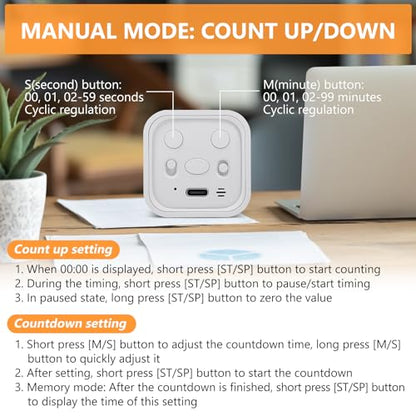 GuDoQi Multi-Function Cube Timer, 5/10/30/60 Min & Custom Count Down, Included Pause & Resume Feature, Silent, Vibrate & Adjustable Sound Alarm for Productivity in Tasks, Study & Kitchen, White - color: White
